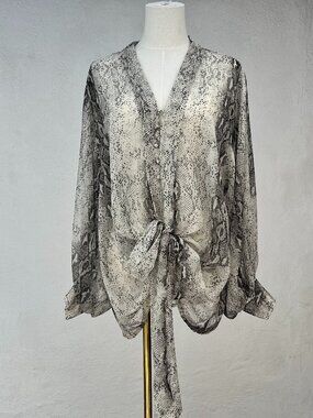 Mare Mare x Anthropologie Puff Sleeve Grey & White Python Print Sheer Blouse (L)